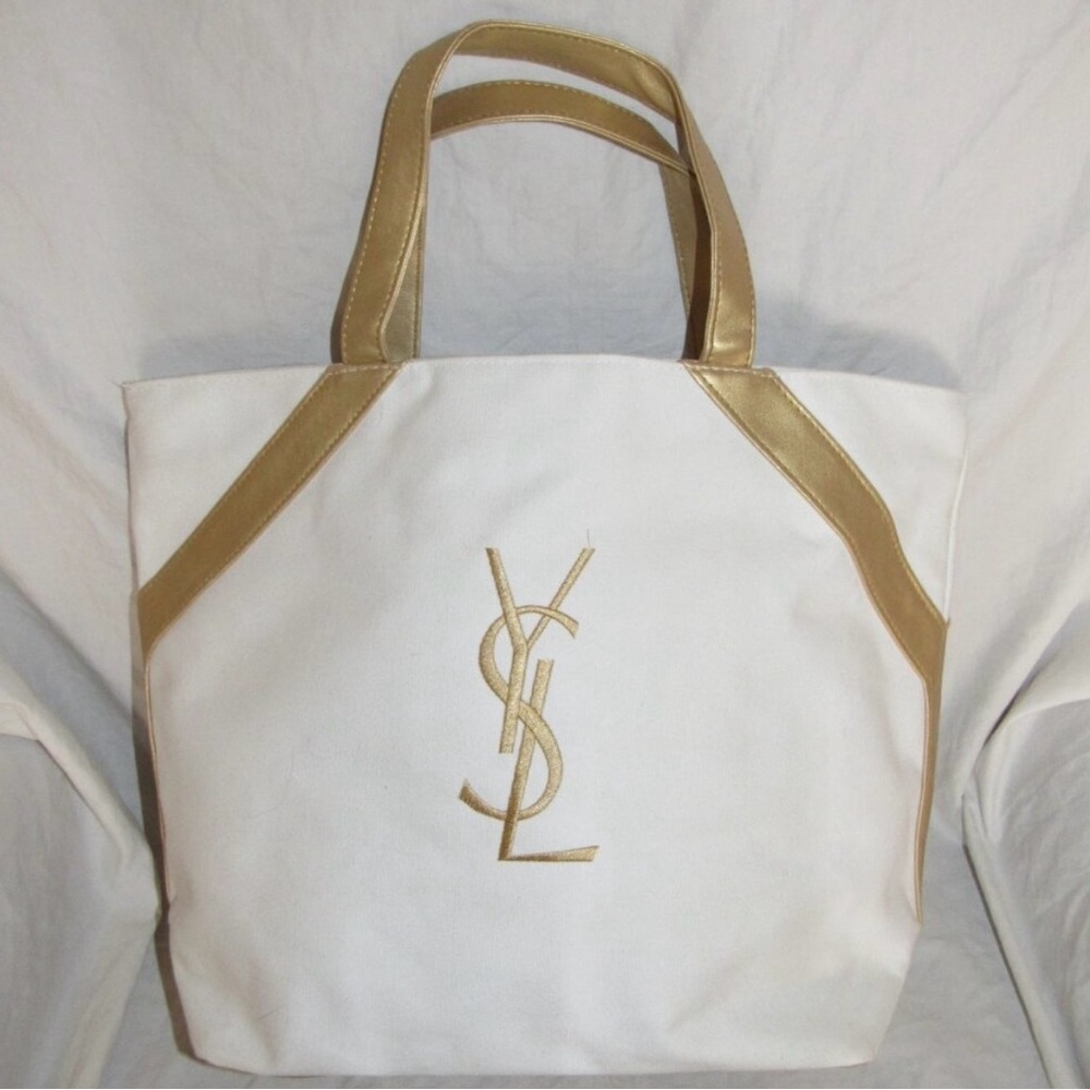 Yves Saint Laurent YSL Parfums White Canvas Gold Trim Tote Bag Shopping Travel